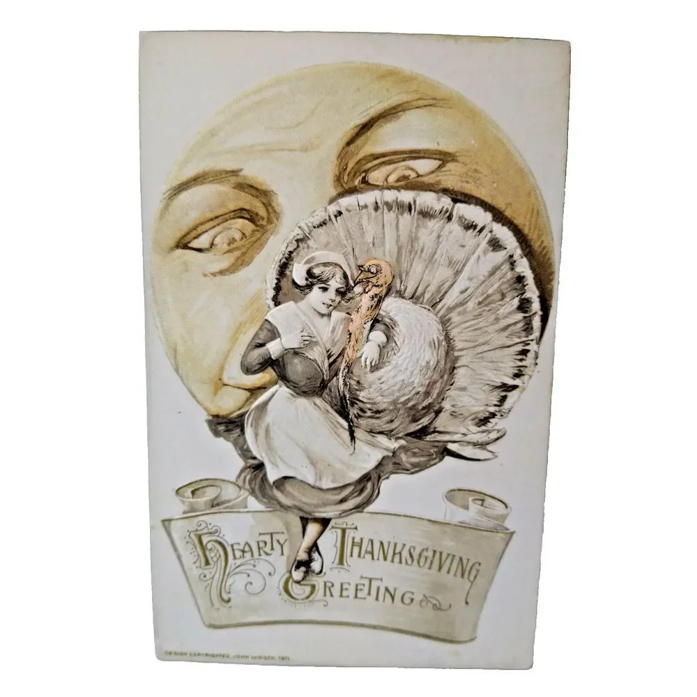 John Winsch Schmucker Thanksgiving Postcard Giant Sun Moon With Face Turkey 1911
